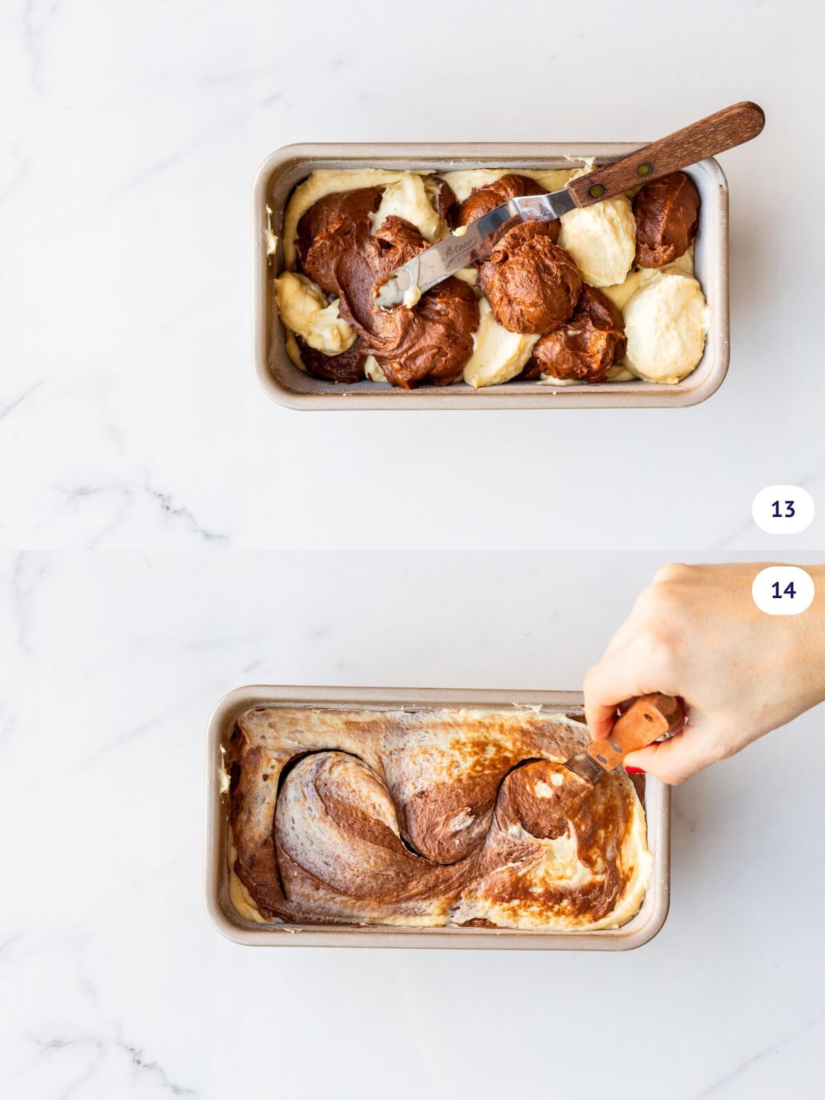 Swirling chocolate and vanilla cake batter in a loaf pan to make a marble cake.