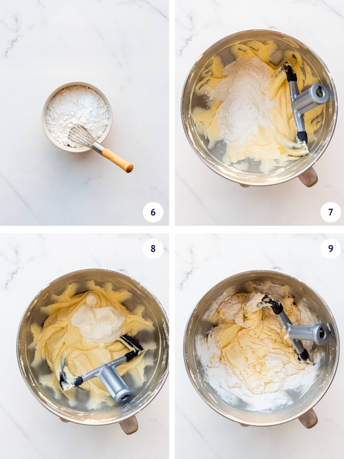 Whisking dry ingredients and adding it alternately with sour cream to a mixer bowl.