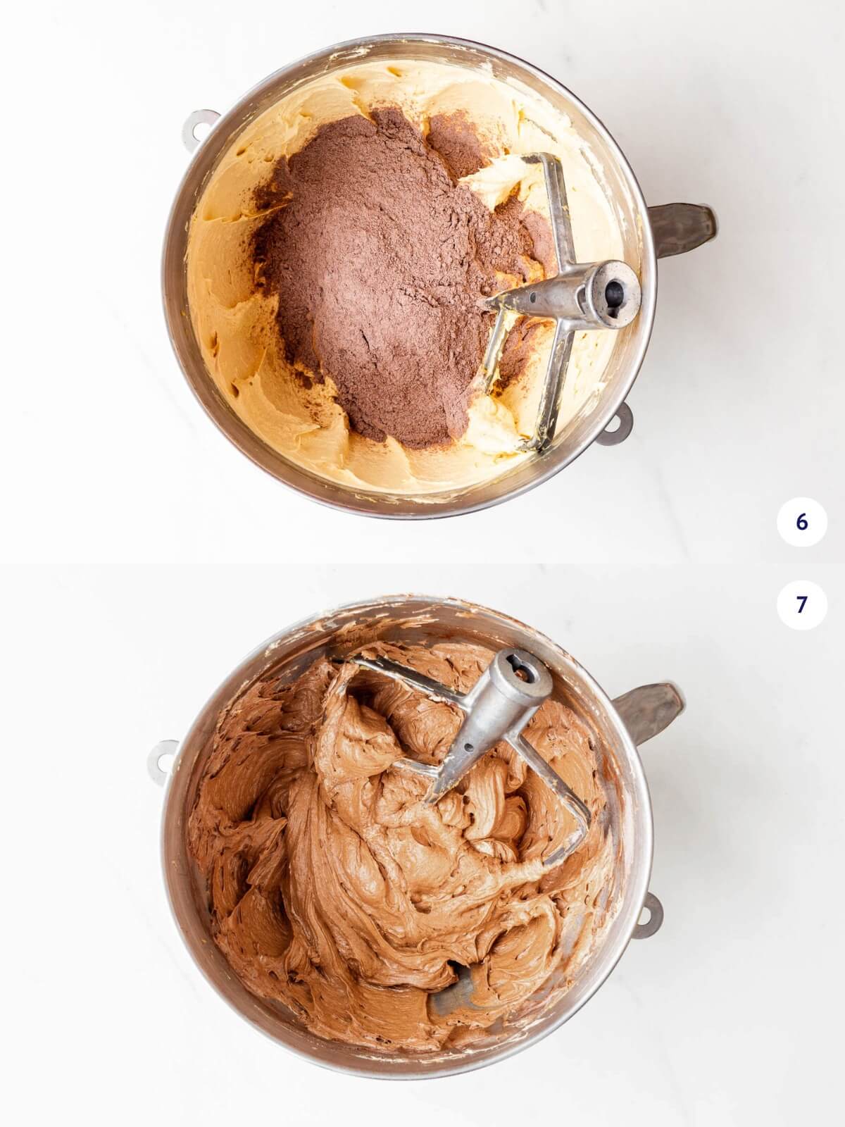 Adding dry ingredients to mixer bowl to make chocolate pound cake.