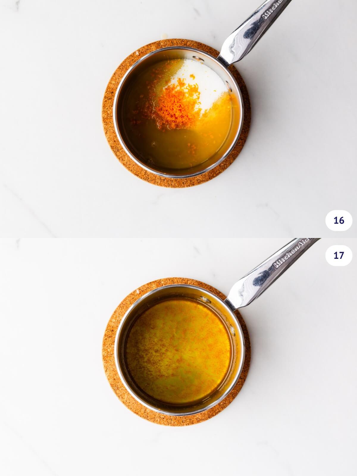 Orange syrup in a saucepan before and after boiling.