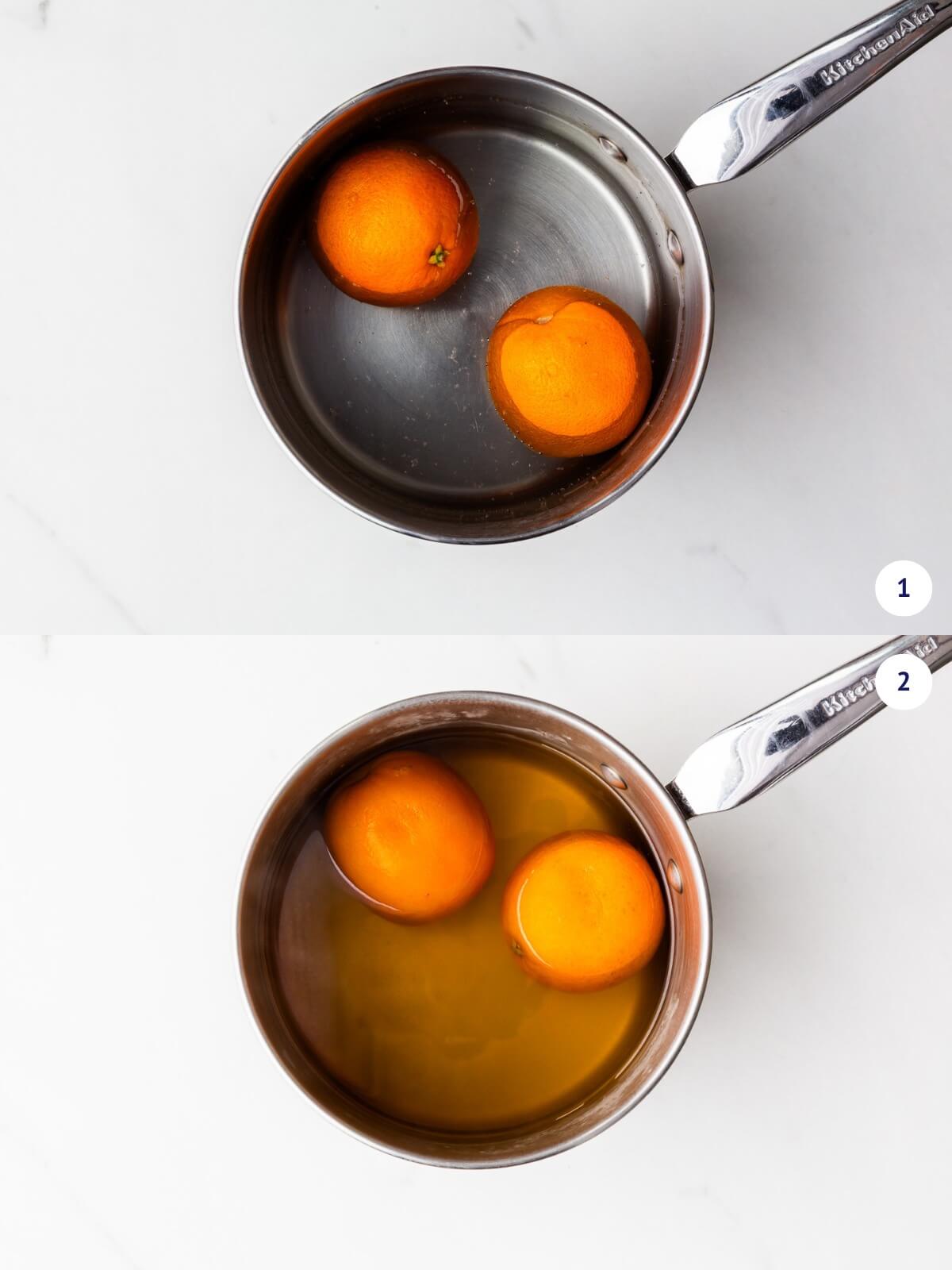 Whole oranges before and after boiling in a water bath.
