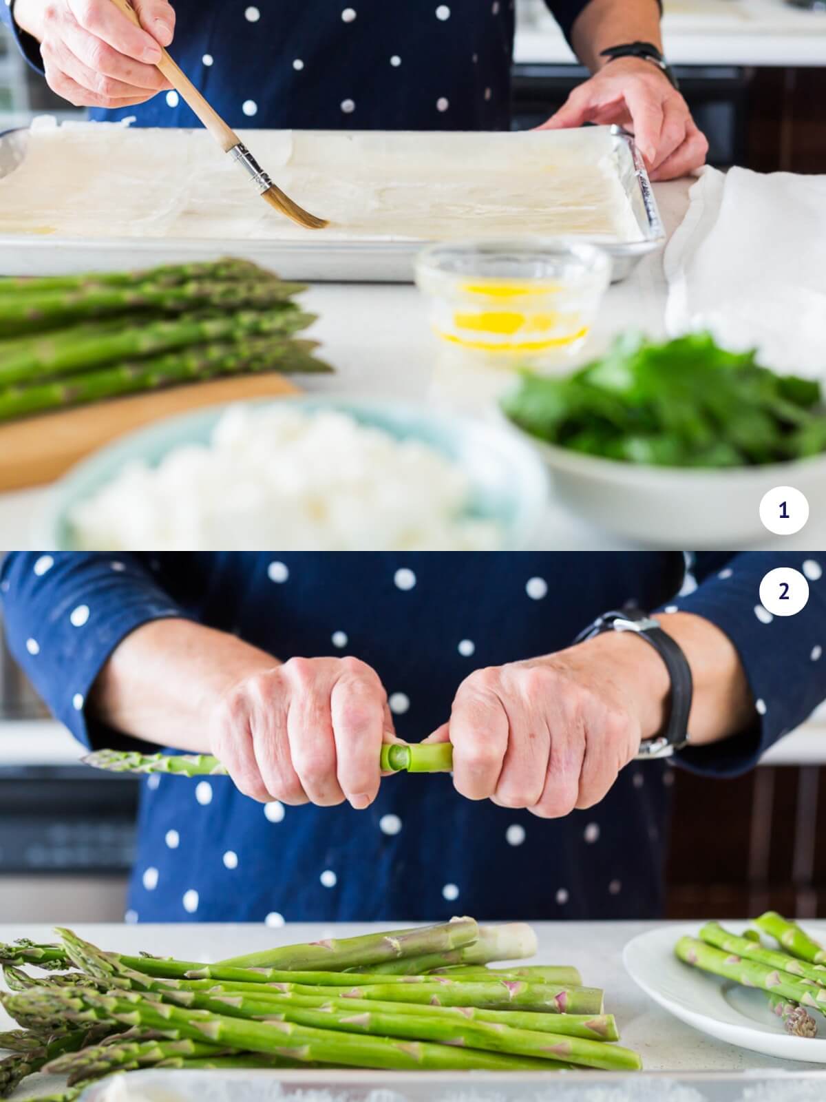 Brushing sheets of phyllo with melted butter and snapping the woody ends off of stalks of asparagus to make a tart.