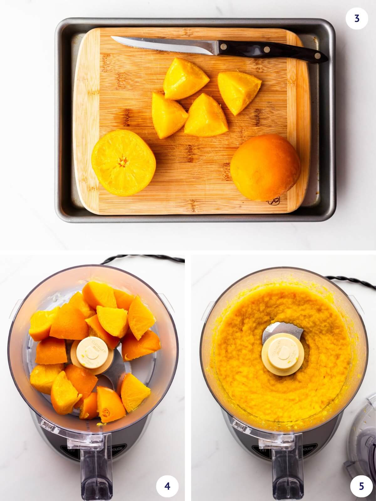 Chopping and puréeing whole oranges to make a smooth purée.