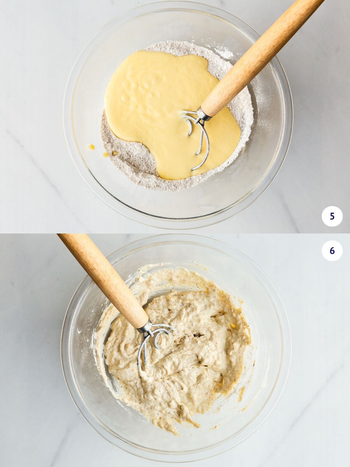 Combining wet ingredients with dry ingredients to make thick pancake batter.