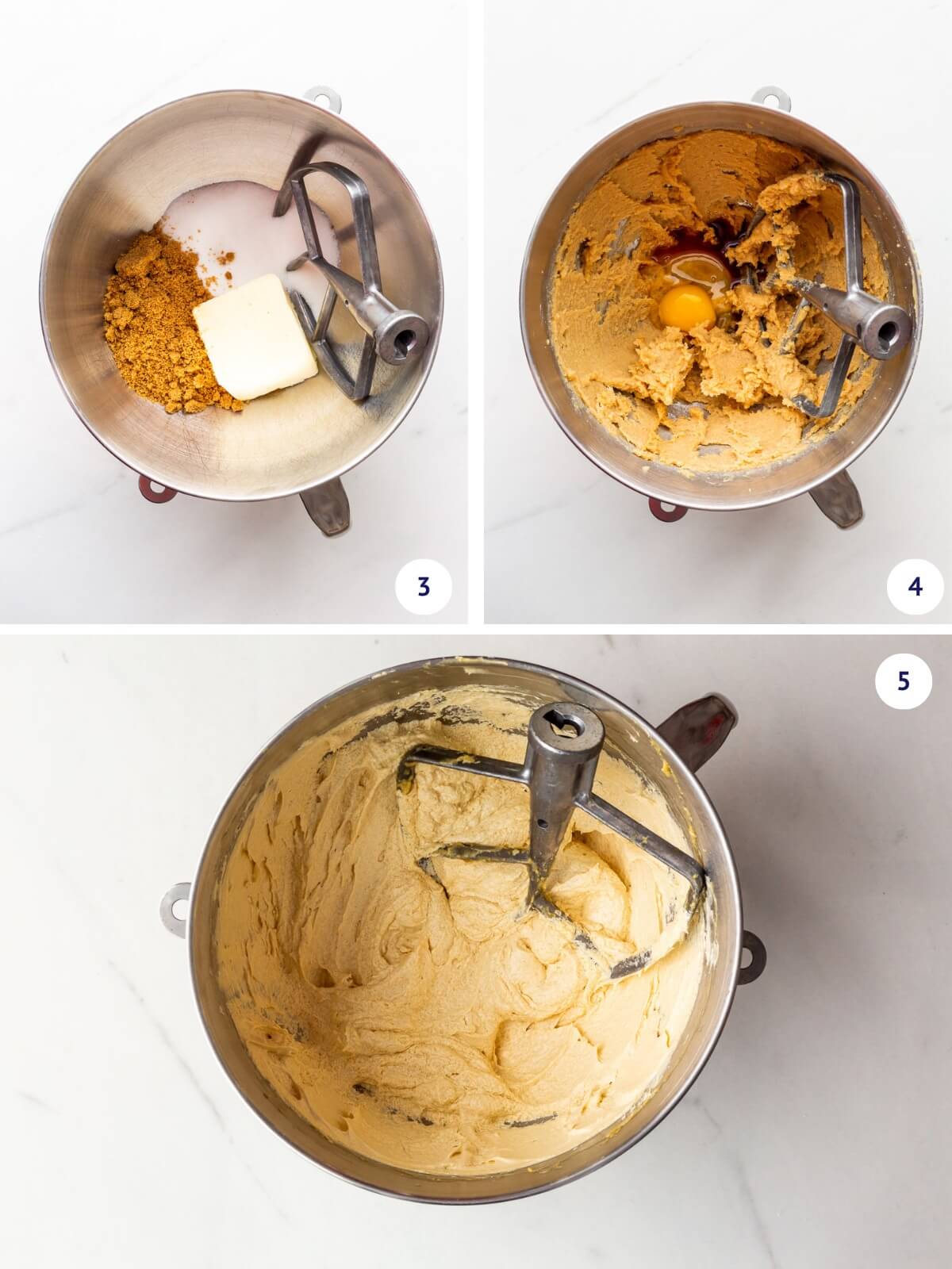 Creaming butter and sugars before adding eggs one at a time and whipping until very light and fluffy in the stand mixer.