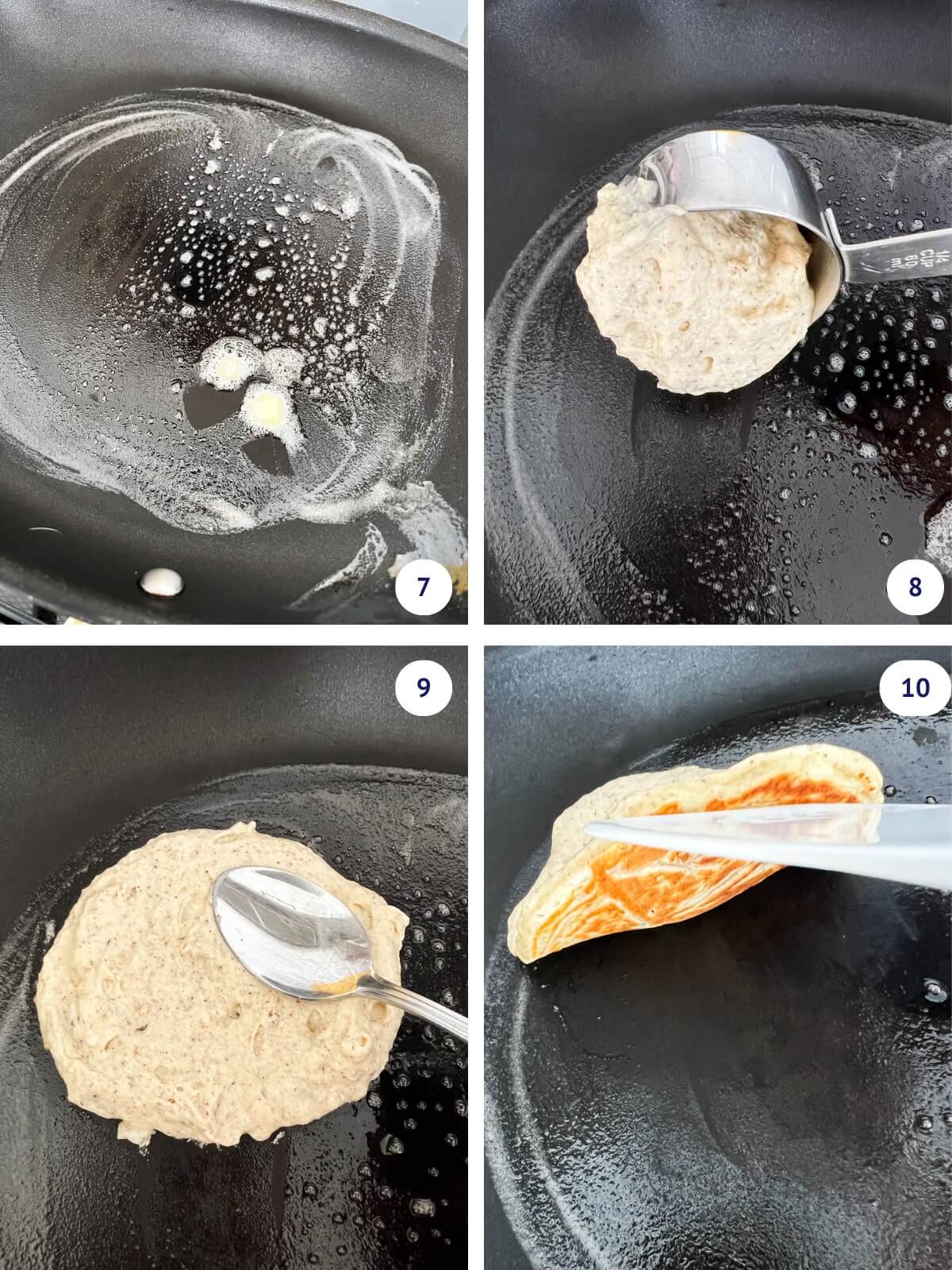 Cooking pancakes in a hot skillet with melted butter.