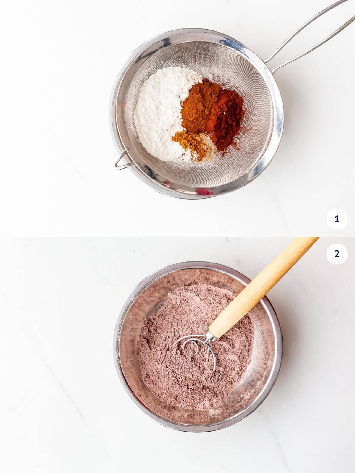 Sifting and whisking dry ingredients together.