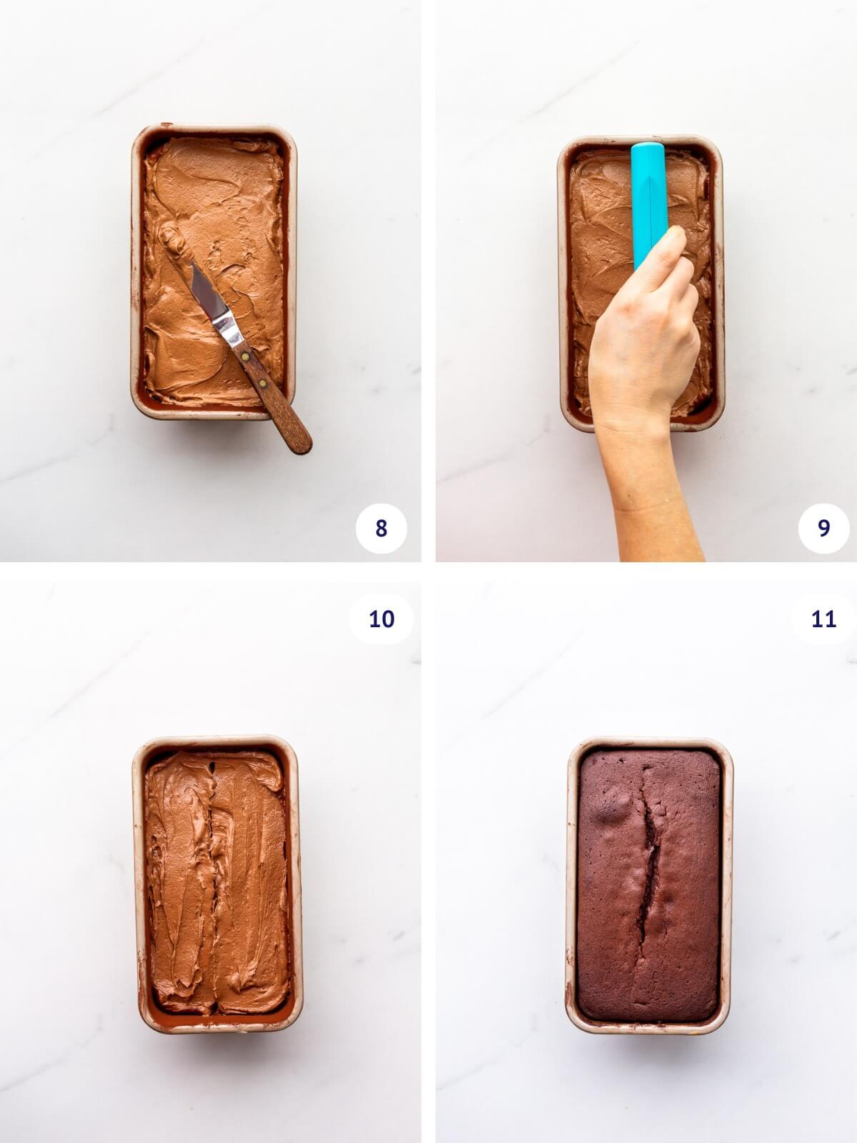 Smoothing chocolate pound cake batter in a loaf pan then using a bench scraper to create a crack down the middle of the loaf.