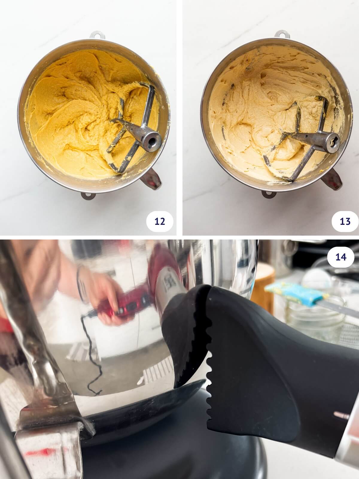Comparing a mixture of butter, sugar and eggs that are not properly emulsified versus emulsified by warming them using a hair dryer to melt a portion of the butter.