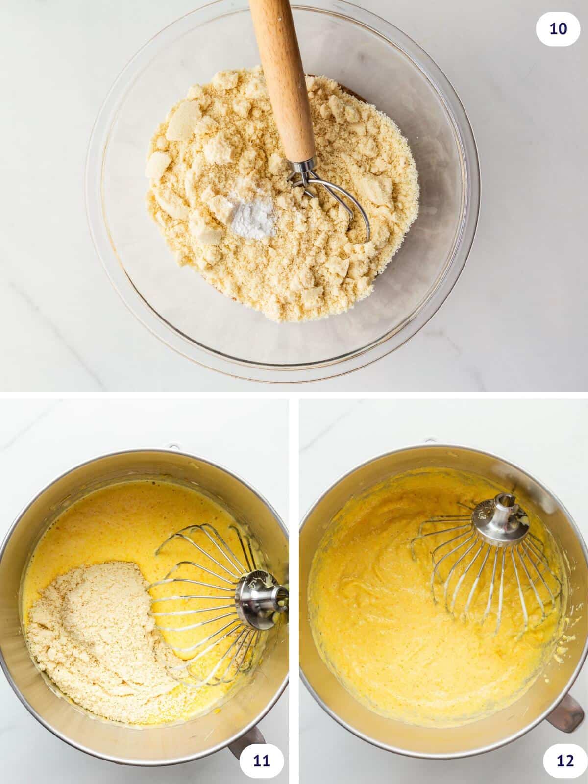 Whisking almond flour with baking powder before adding it to the mixer bowl with whipped eggs, sugar and orange puree to make cake batter.