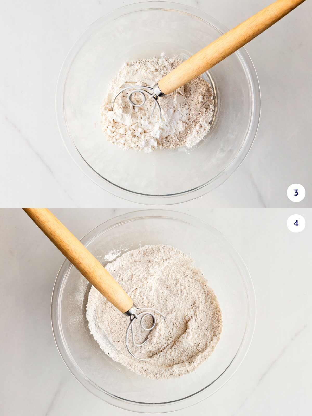 Whisking dry ingredients for pancakes.