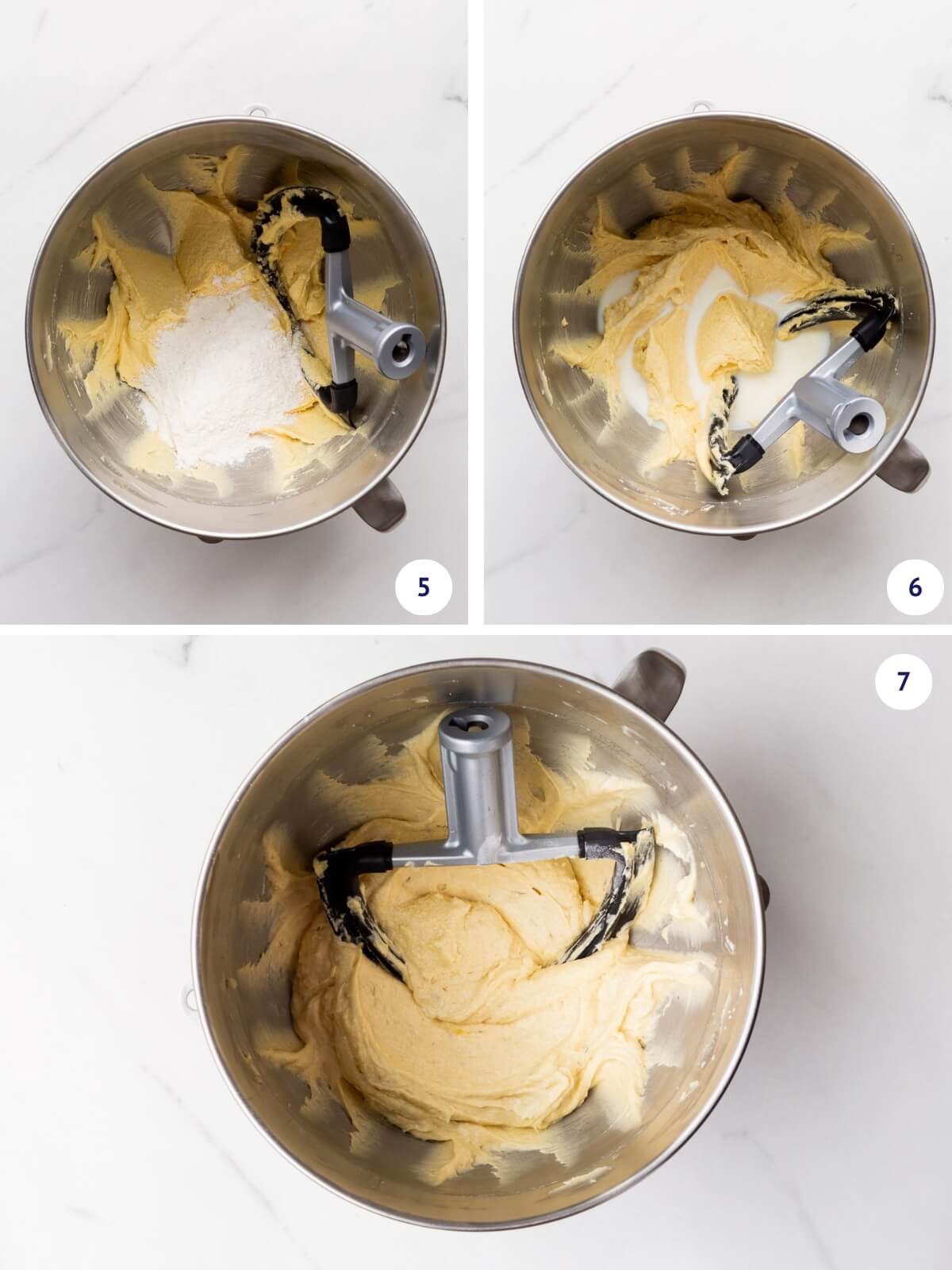 Adding dry ingredients alternating with milk to make cake batter in a stand mixer.
