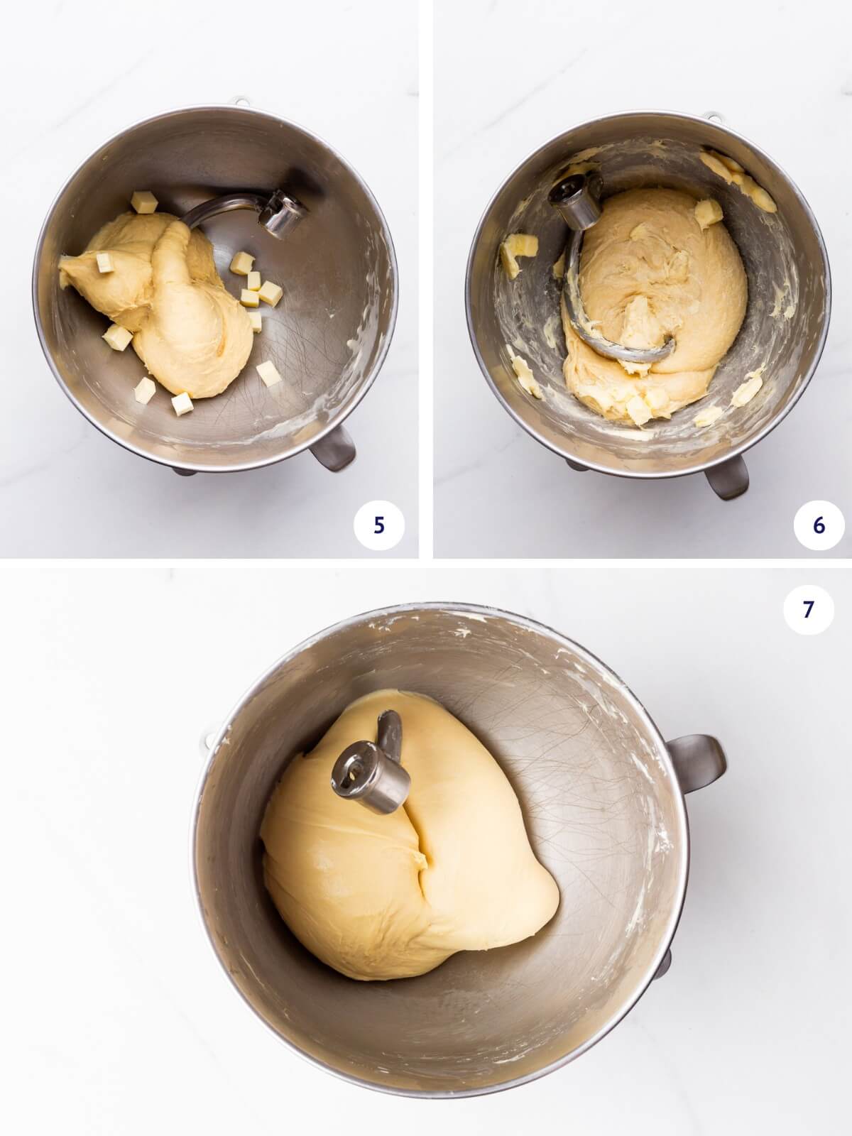 Kneading softened butter into bread dough to make brioche dough in a stand mixer.