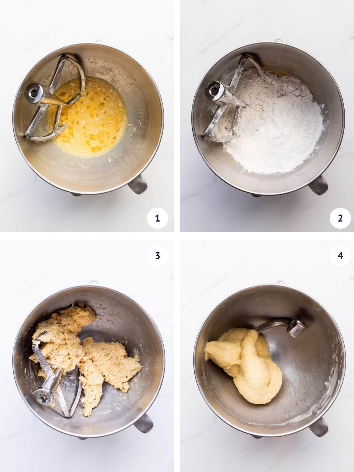 Mixing wet ingredients in stand mixer bowl before adding flour to make brioche bread dough.