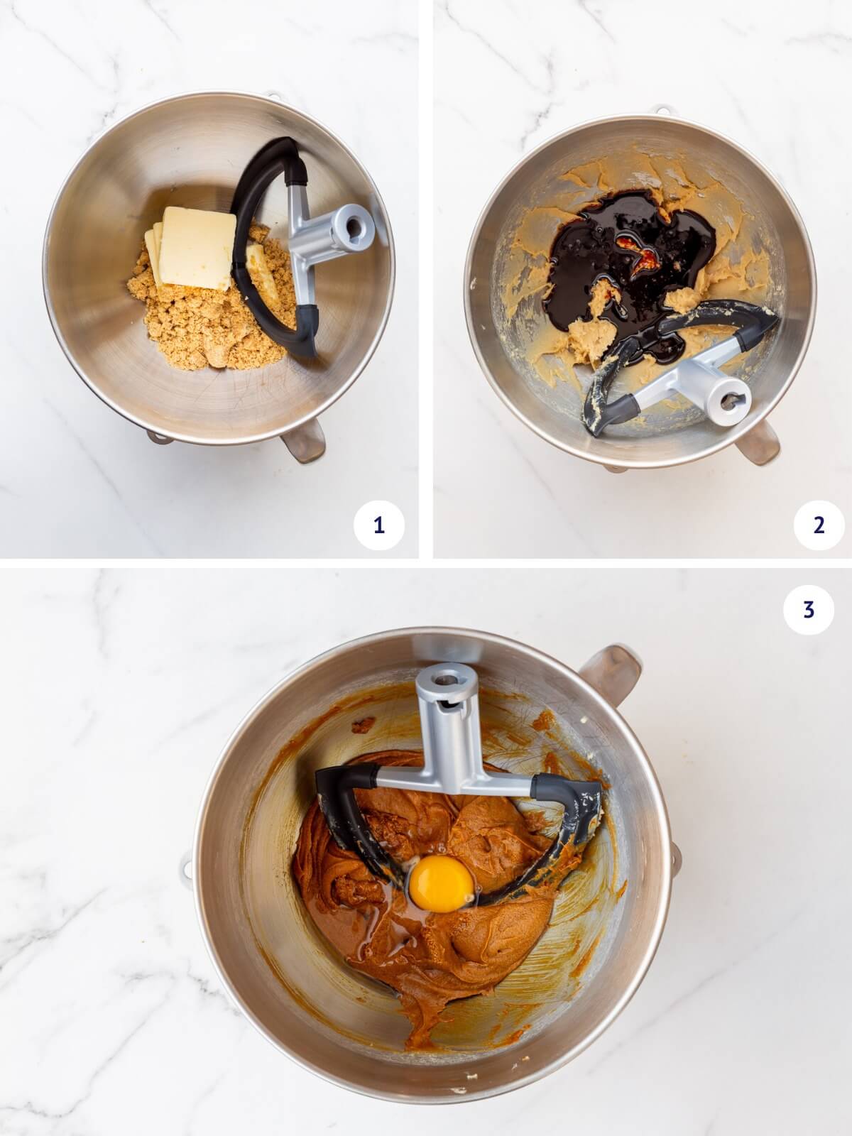 Creamining butter and sugar before adding molasses and eggs in a stand mixer bowl with a flex beater paddle attachment.