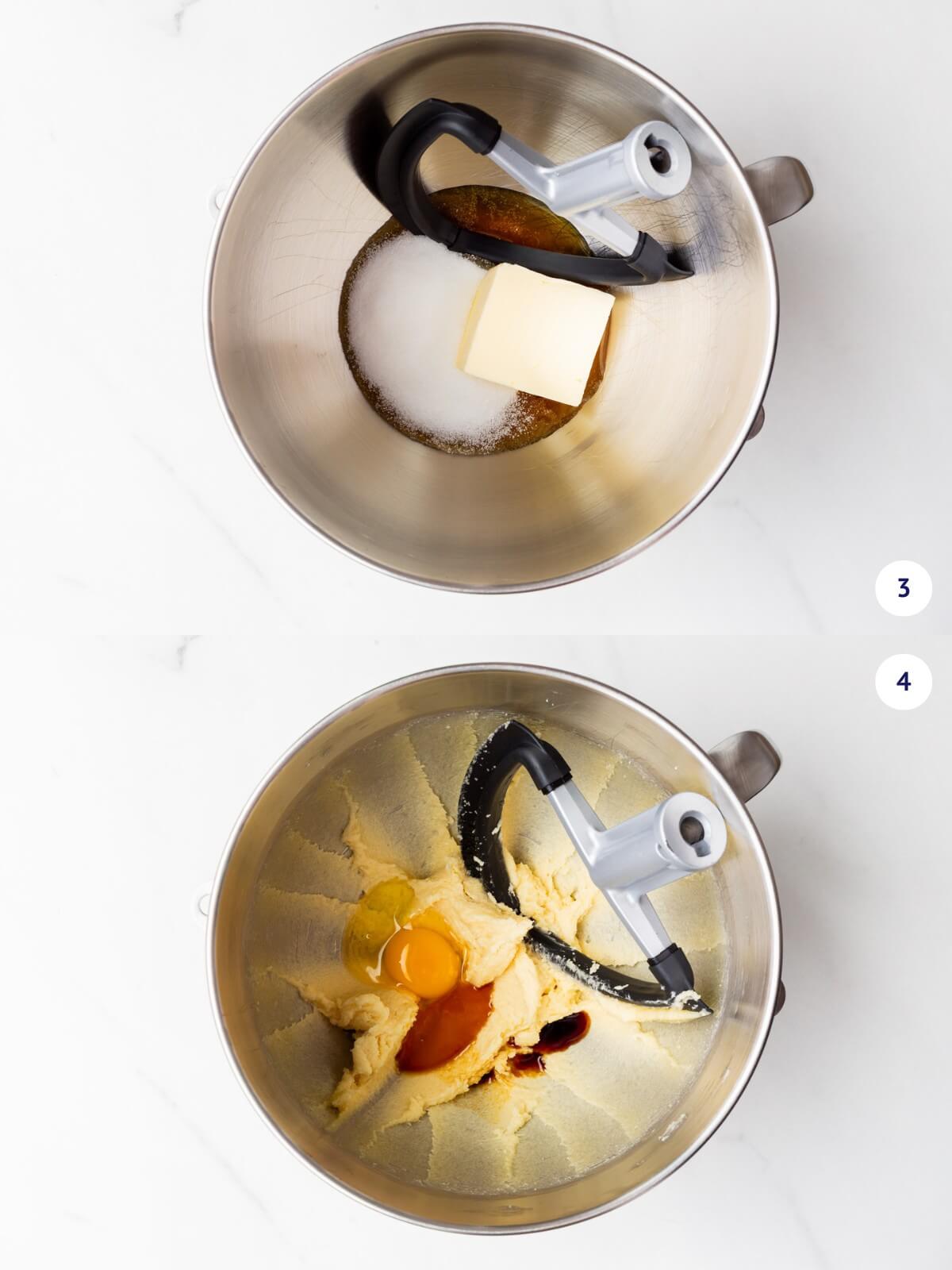 Creaming butter, sugar and honey before adding eggs one at a time and vanilla in the bowl of a stand mixer with a paddle attachment.
