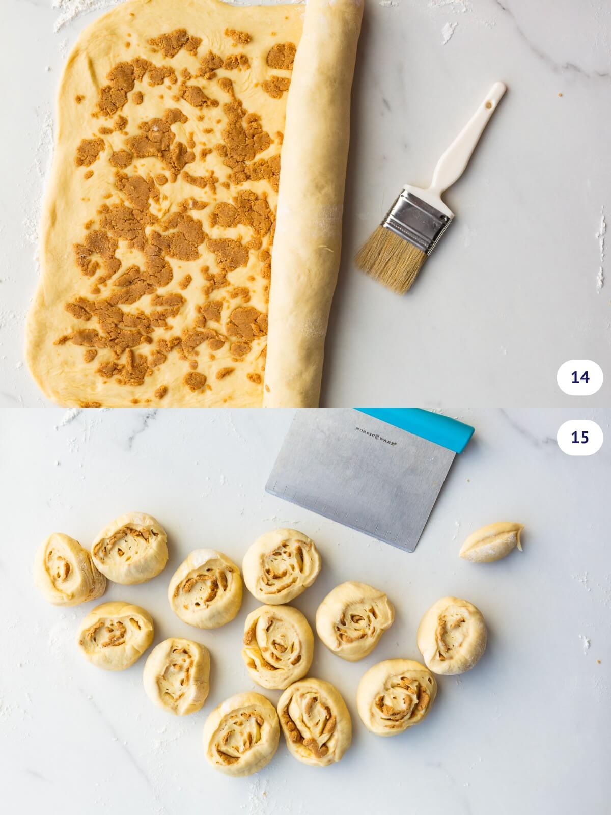 Rolling and cutting out maple cinnamon buns.