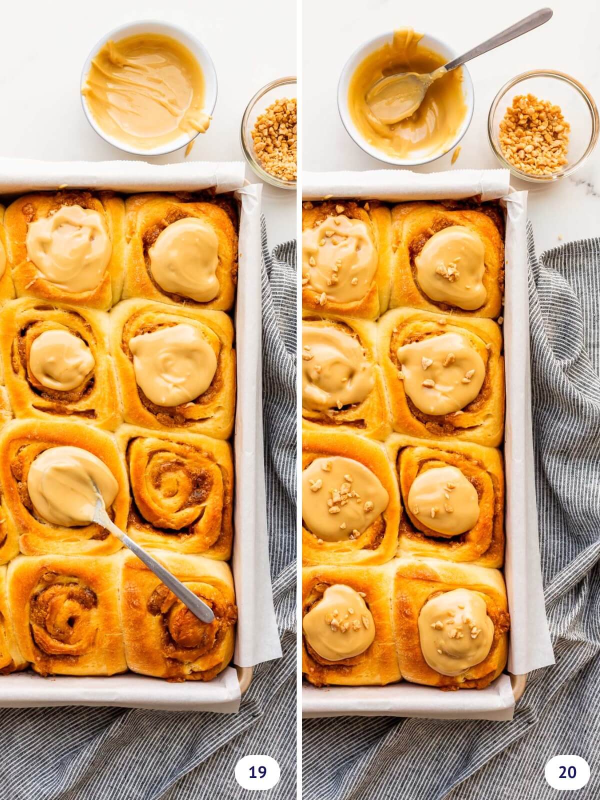 Smearing the tops of freshly baked cinnamon buns with maple butter and sprinkling with maple flakes.