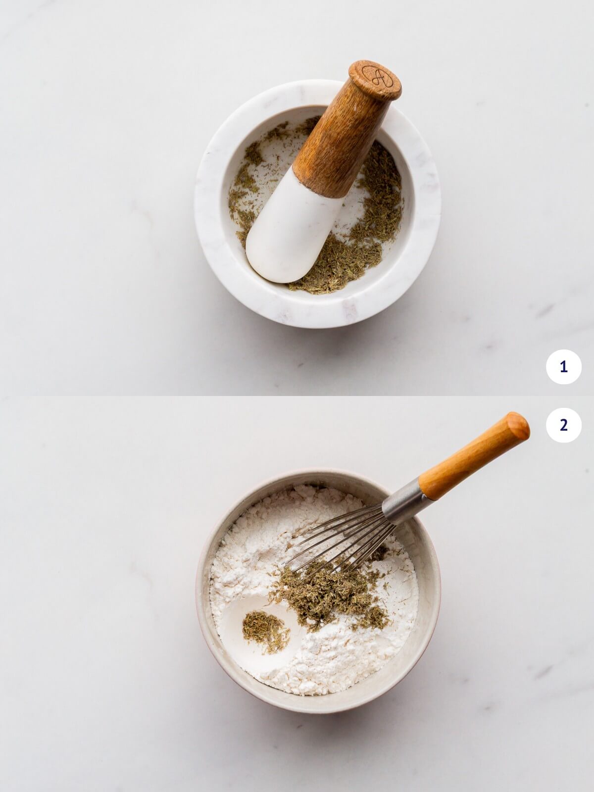 Grinding lavender buds in a marble mortar and pestle before whisking with dry ingredients in a small bowl.