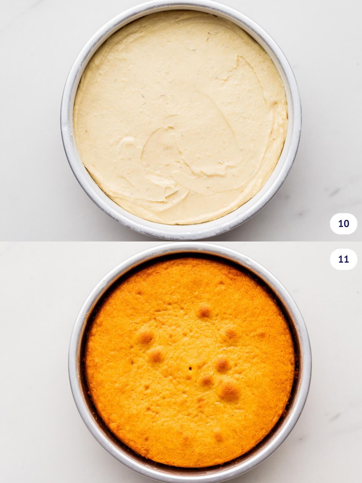 Honey cake before and after baking in a round cake pan.