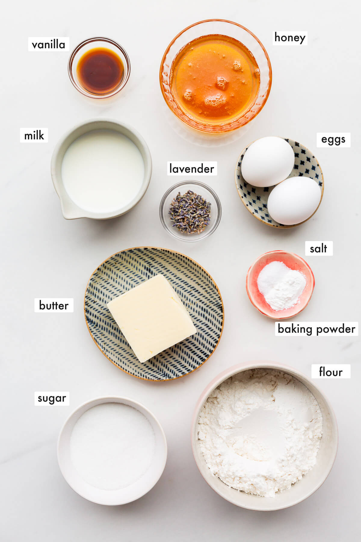 Ingredients to make a honey cake with lavender measured out.