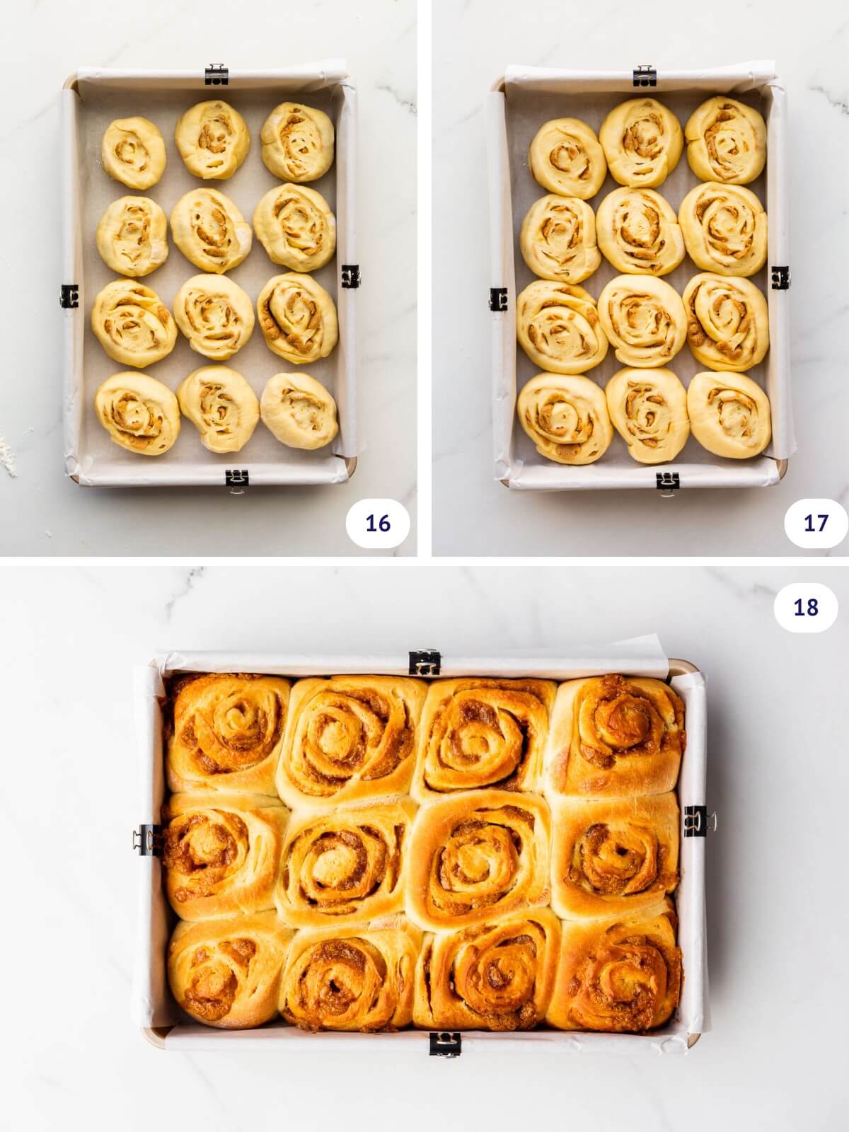 Maple cinnamon buns in a baking pan before and after proofing and baking.