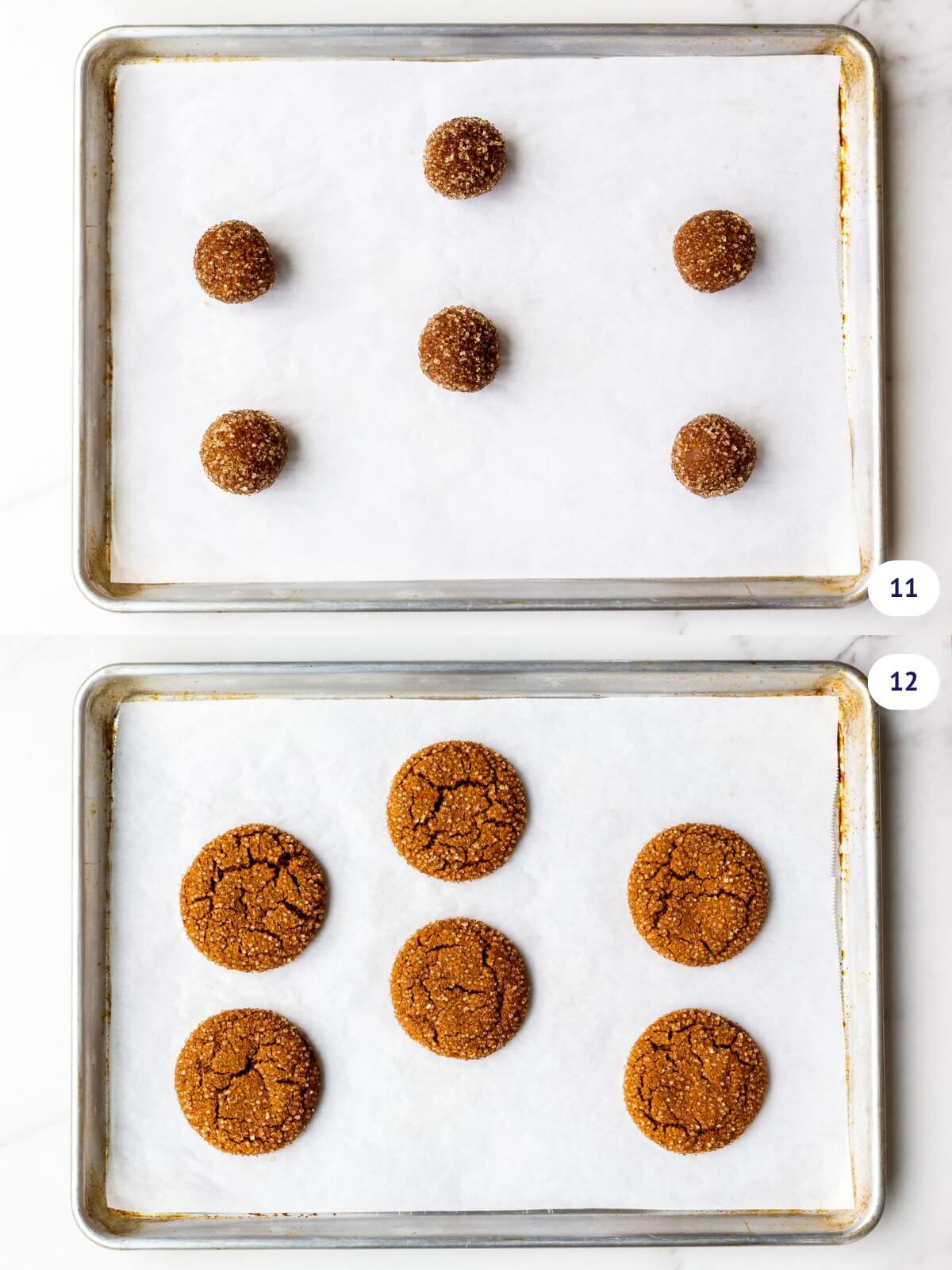 Molasses sugar cookies before and after baking on a parchment paper-lined sheet pan.