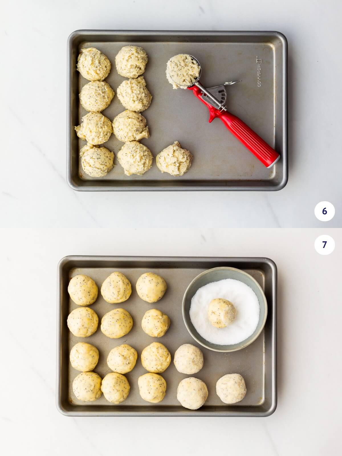 Scooping lemon poppy seed cookie dough with a red-handled cookie scoop, then rolling the scoops in granulated sugar to coat them.