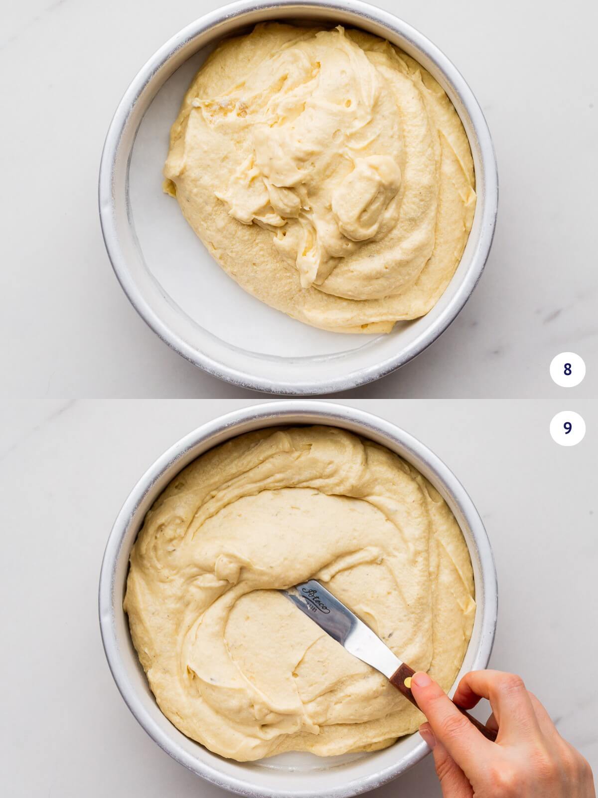 Transferring vanilla cake batter to a parchment-lined round cake pan and smoothing from edge to edge with a mini offset spatula.