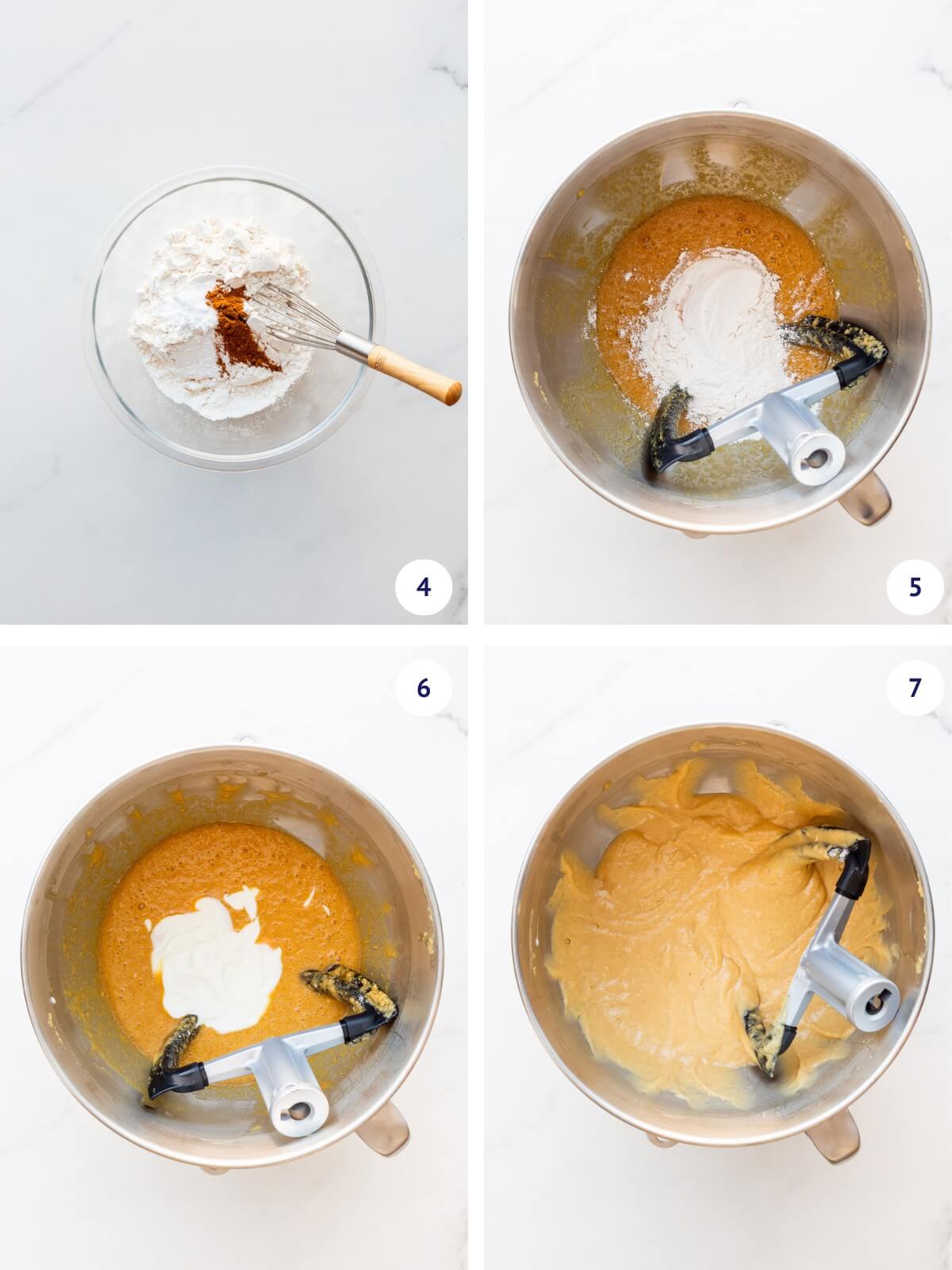 Whisking dry ingredients in a bowl before adding them to the mixer bowl along with yogurt to make a maple cake.