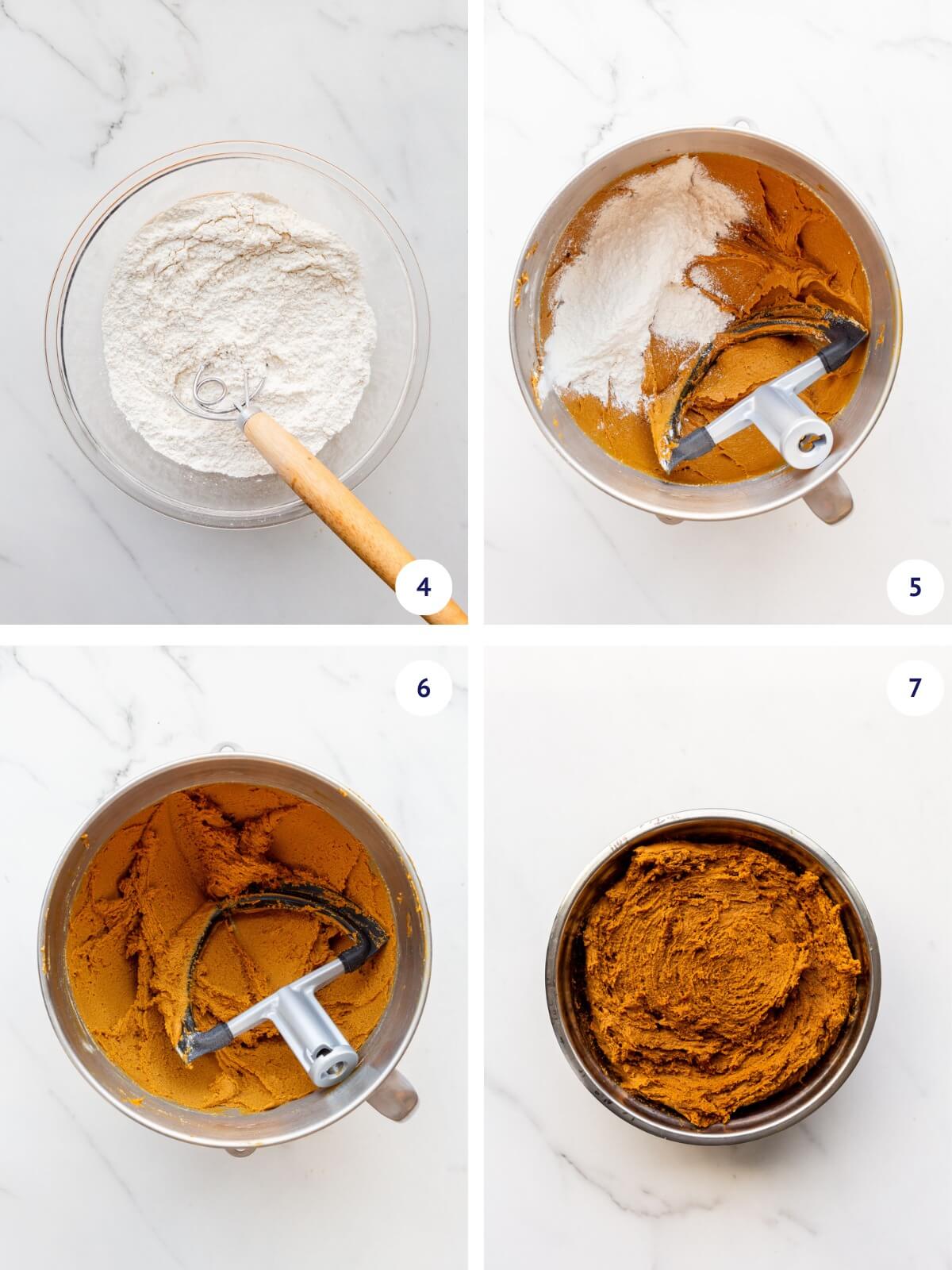 Whisking dry ingredients together before adding them to the mixer bowl to make molasses sugar cookie dough.