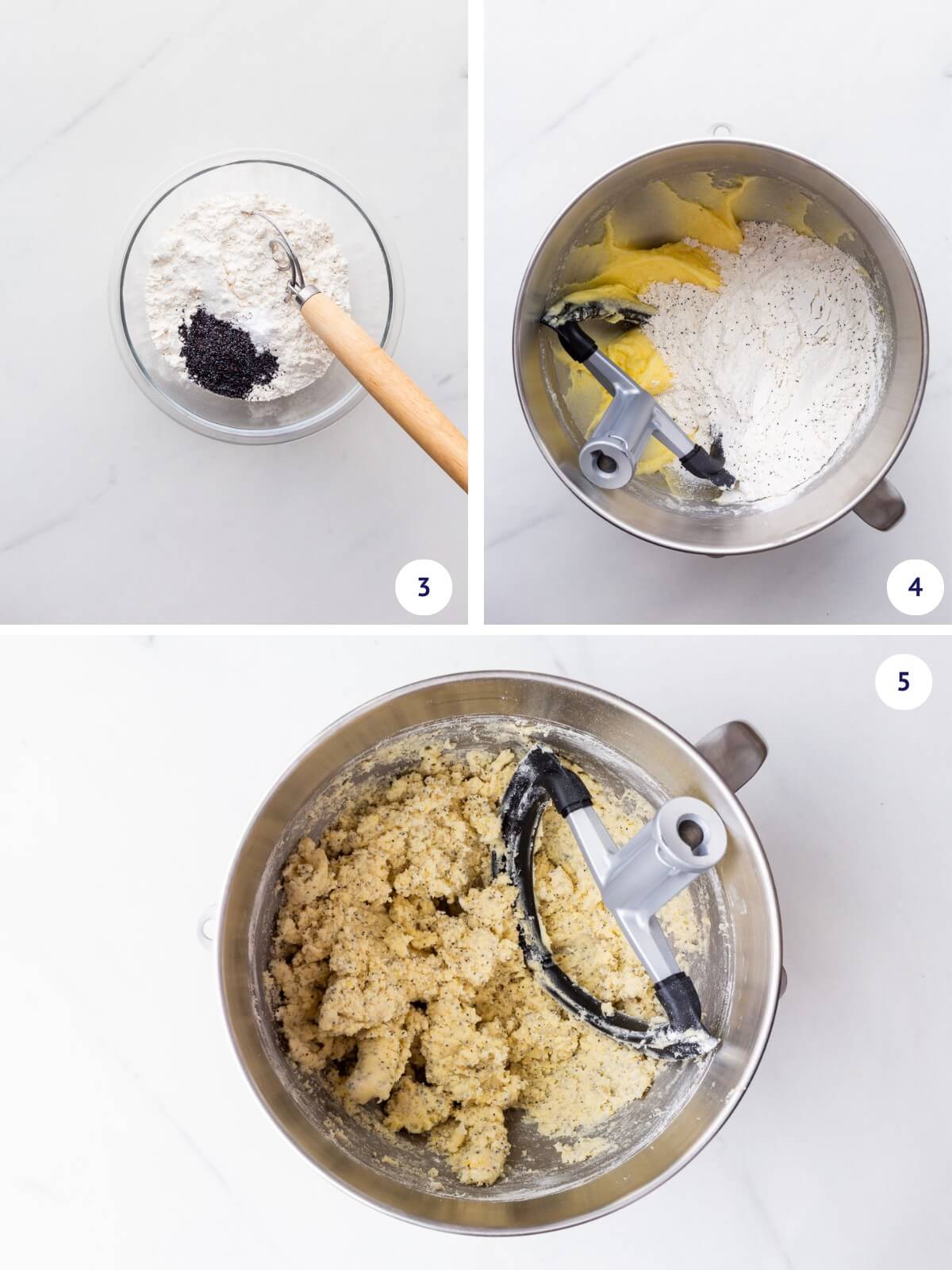 Whisking poppy seeds with dry ingredients before adding them to the mixer bowl to make lemon poppy seed cookie dough.