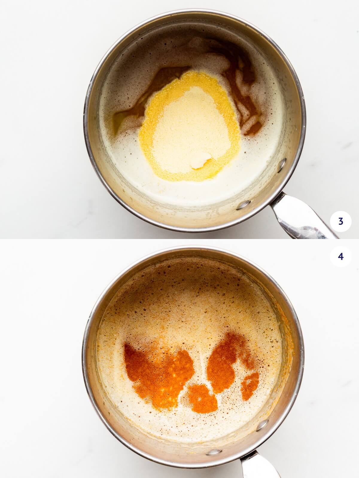 Adding milk powder to a saucepan of brown butter and cooking until golden brown.