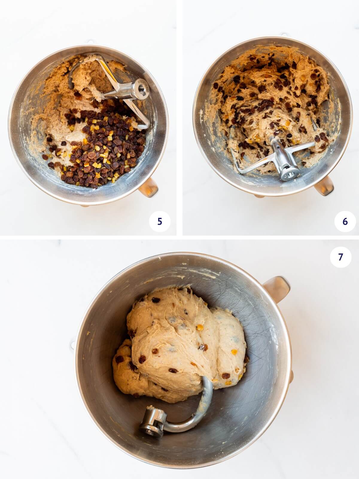 Incorporating raisins and candied peel before kneading hot cross bun dough in a stand mixer bowl with the hook attachment.