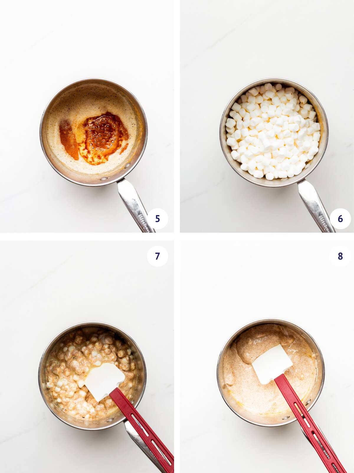 Adding vanilla extract and salt to brown butter before incorporating mini marshmallows to melt them in a saucepan.