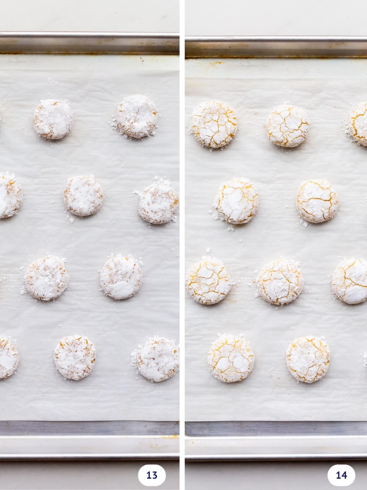 Amaretti cookies on a sheet pan before and after baking until the surface cracks.
