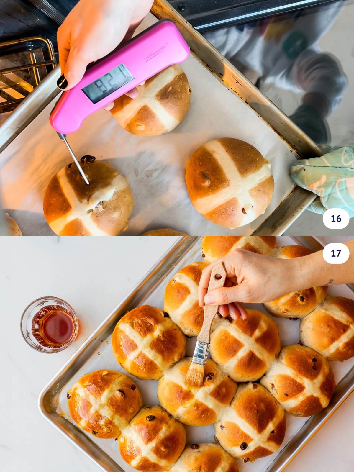 Checking the internal temperature of homemade hot cross buns before taking them out of the oven to brush on maple syrup glaze.