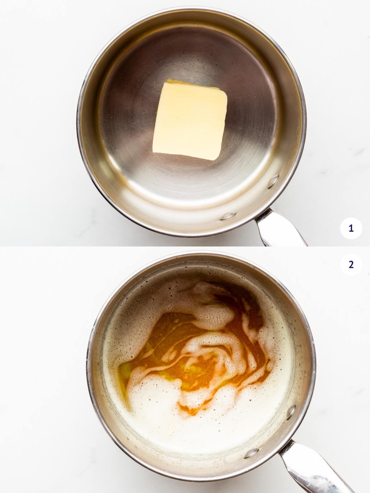 Butter in a saucepan that is melted until it turns golden brown.