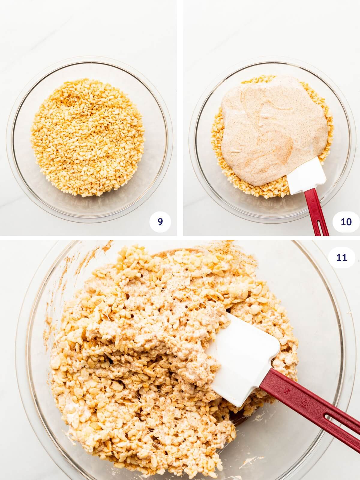 Adding melted marshmallow to a bowl of Rice Krispies and stirring them in to make treats.