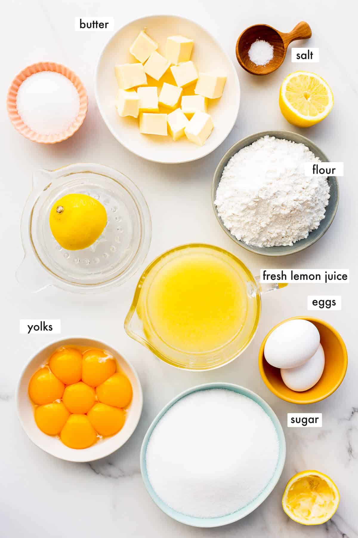 Ingredients to make lemon bars from scratch measured out.