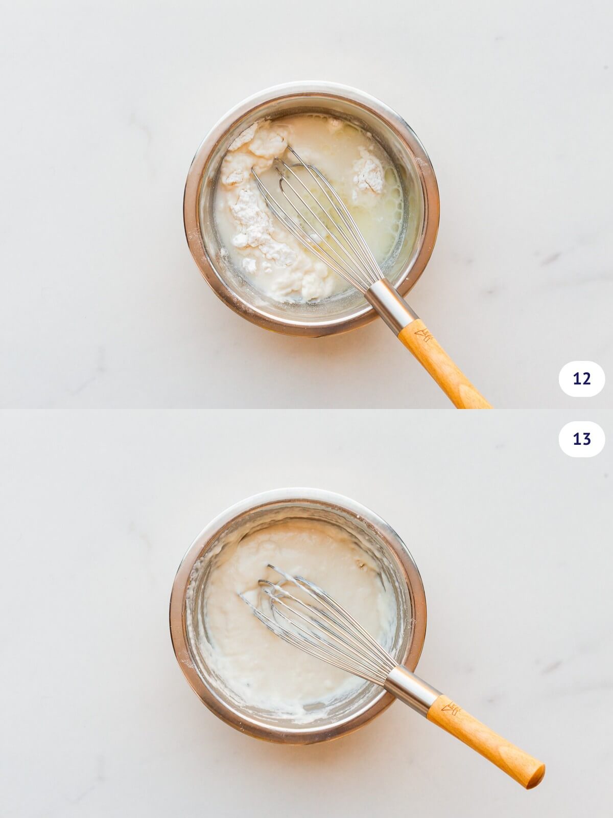 Whisking flour and water with oil and sugar to make a smooth paste.