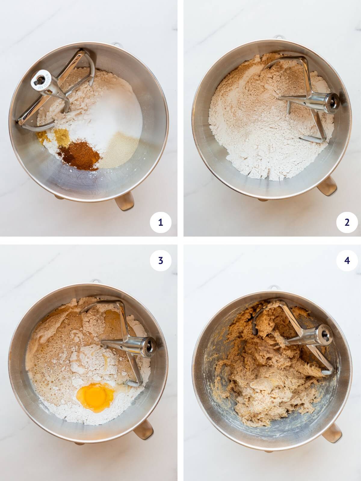 Combining dry ingredients before mixing in milk, egg, and melted butter to make a shaggy dough.