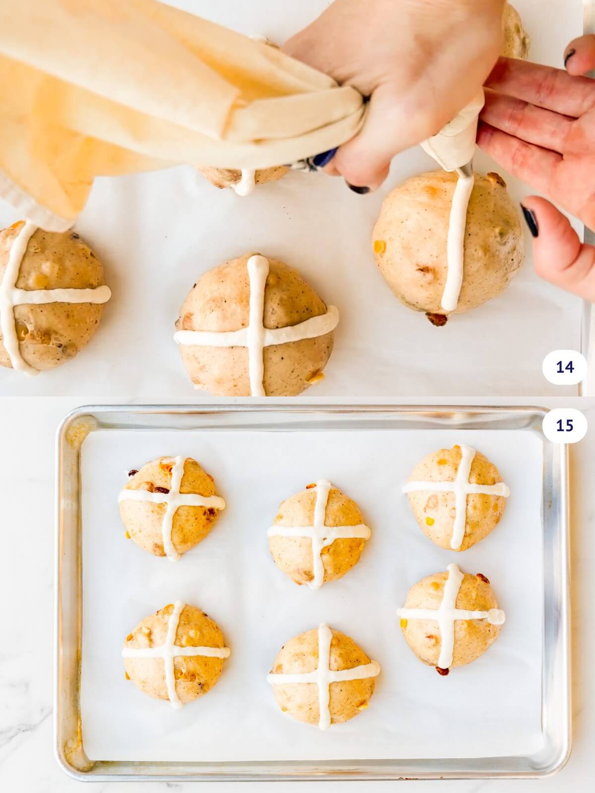 Piping white paste on buns to create the cross on top of hot cross buns before baking.