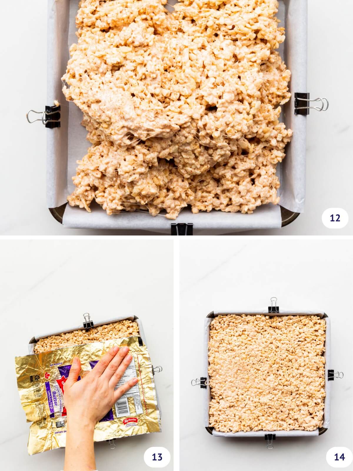 Pressing homemade Rice Krispie treats mixture in a parchment paper-lined square pan to even them out them out.