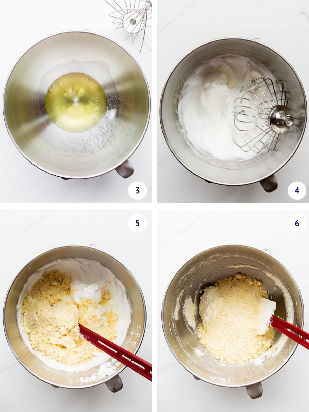 Whipping egg whites until firm before folding in ground almond mixture with a spatula.