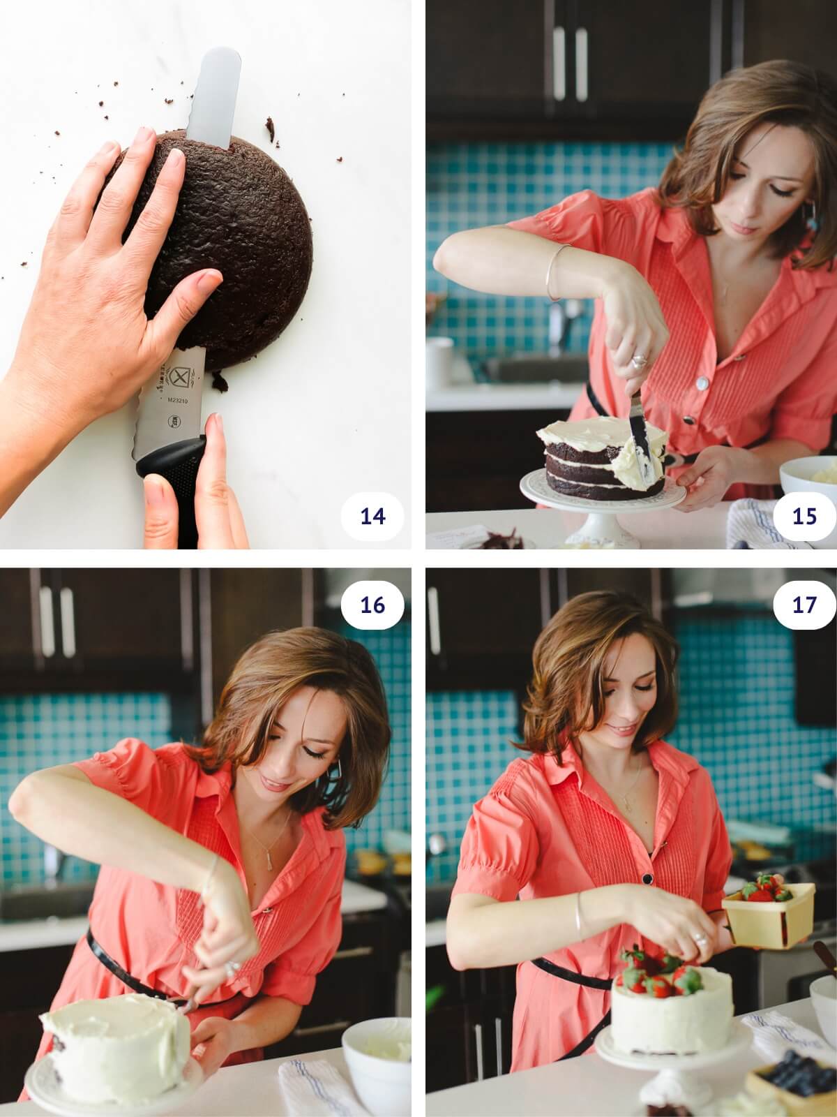 Levelling and assembling a chocolate layer cake with cream cheese frosting and fresh berries.