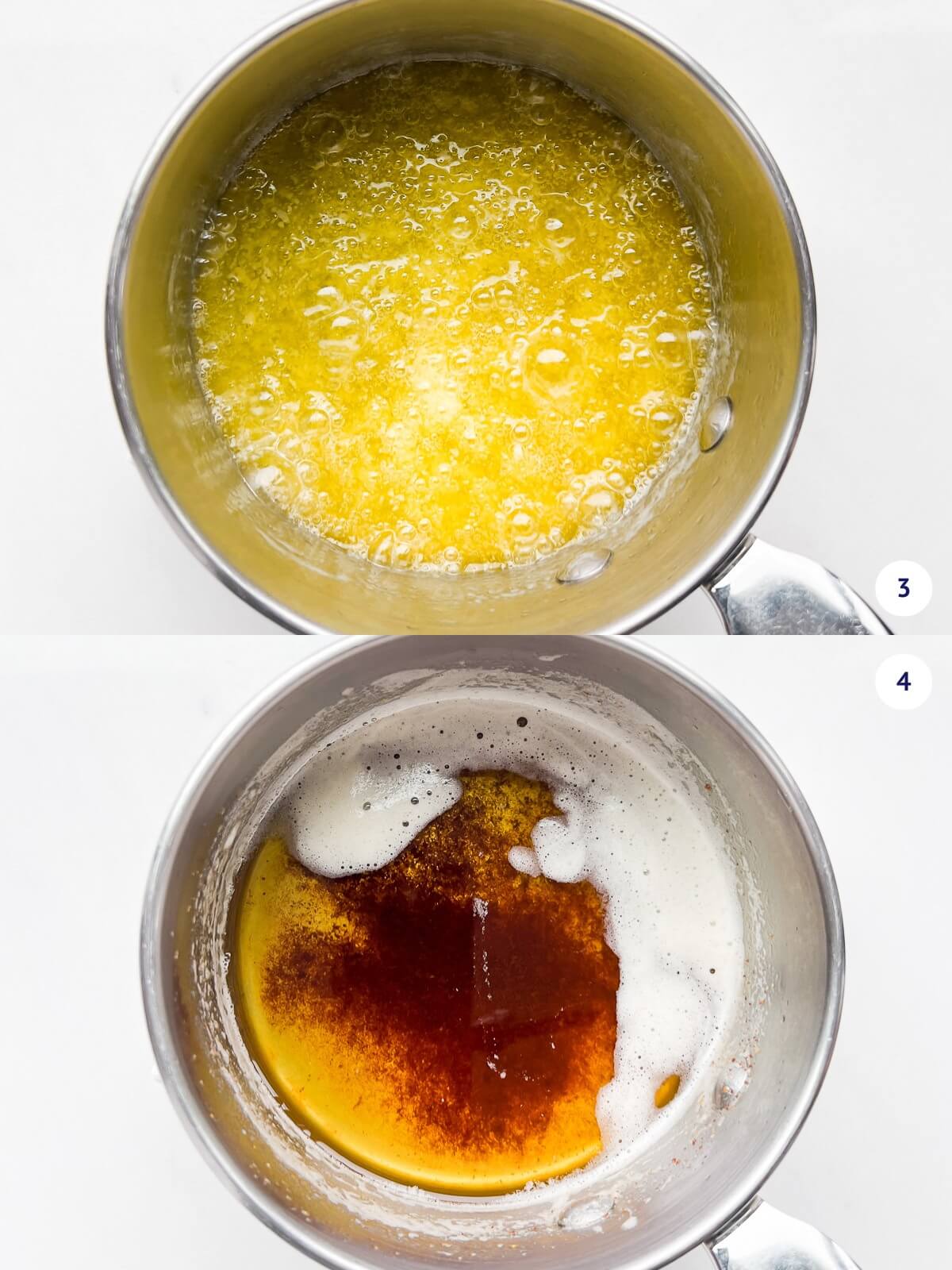 Cooking melted butter until the milk solids brown in a small saucepan to make brown butter.