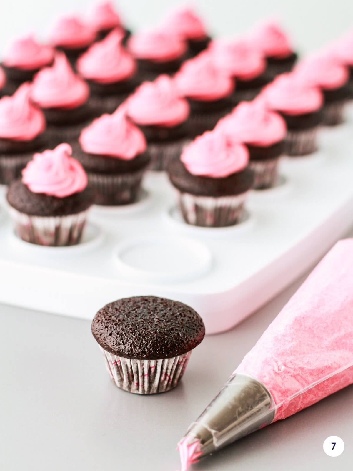 A piping bag of pink frosting (fitted with a star tip) next to a tray of dark chocolate cupcakes.