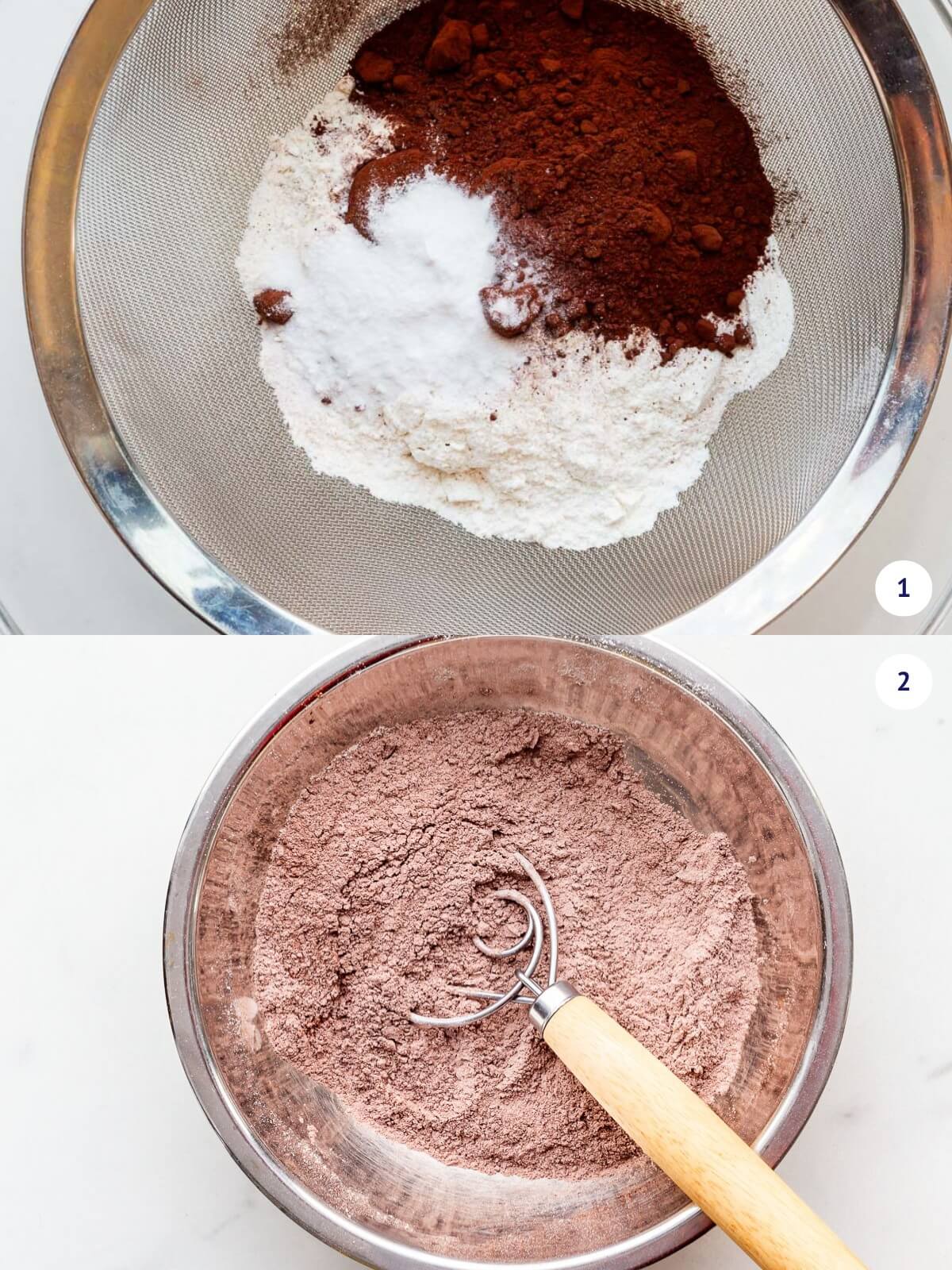 Whisking dry ingredients including cocoa powder and flour for chocolate cupcakes.