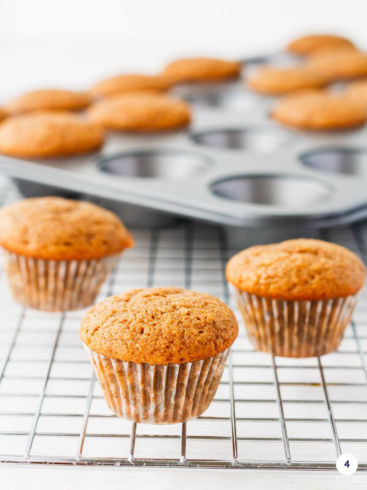 Spiced apple cupcakes after baking and setting on a cooling rack to cool completely.